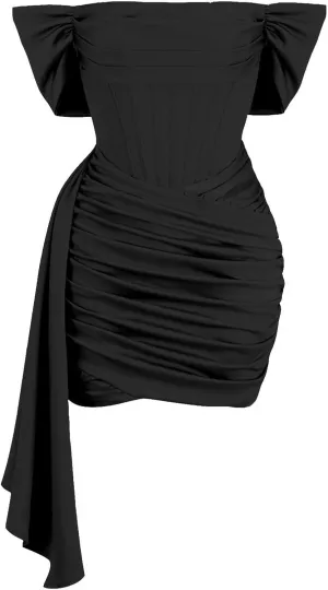 Women's Off Shoulder Satin Mini Dress Ruched Short Cocktail Evening Party Gowns
