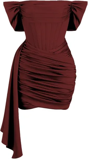 Women's Off Shoulder Satin Mini Dress Ruched Short Cocktail Evening Party Gowns