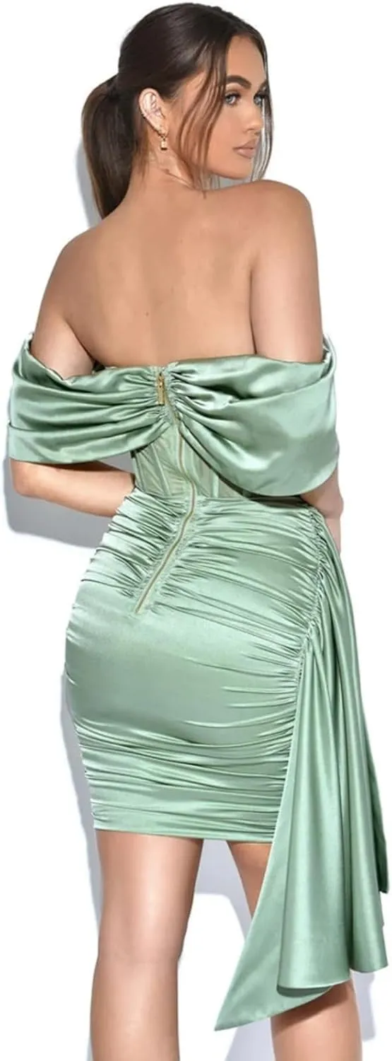 Women's Off Shoulder Satin Mini Dress Ruched Short Cocktail Evening Party Gowns