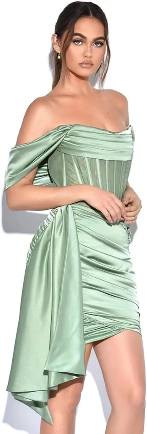 Women's Off Shoulder Satin Mini Dress Ruched Short Cocktail Evening Party Gowns