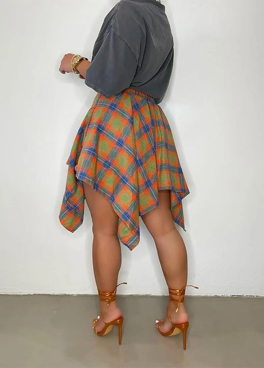 Womens Plaid Skirts Elastic High Waist Tie Front Asymmetrical Hem Pleated Mini Skirt