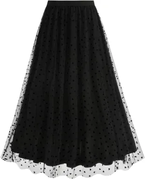 Women's Polka Dot Tulle Long Skirt, High Waisted Flowy Summer Casual Skirts Going Out Streetwear Trendy Clothes