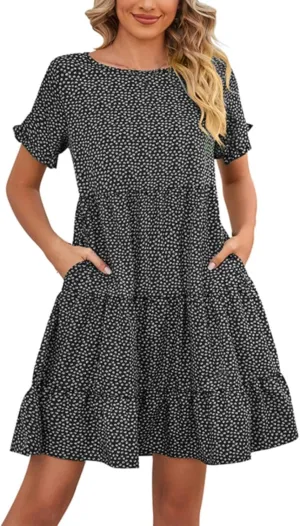 Womens Ruffles Boho Floral Printed Babydoll Loose Swing Casual Short Mini T-Shirt Dress