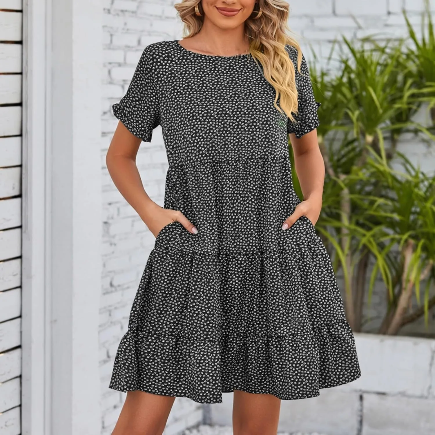 Womens Ruffles Boho Floral Printed Babydoll Loose Swing Casual Short Mini T-Shirt Dress