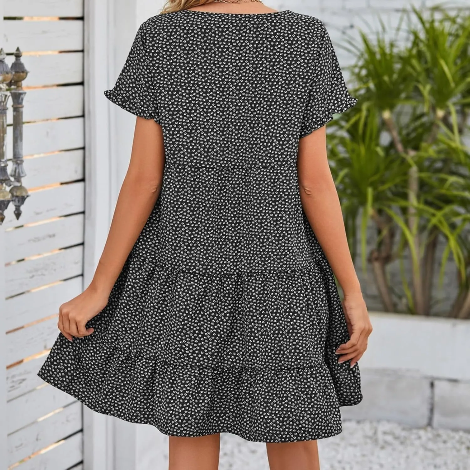 Womens Ruffles Boho Floral Printed Babydoll Loose Swing Casual Short Mini T-Shirt Dress