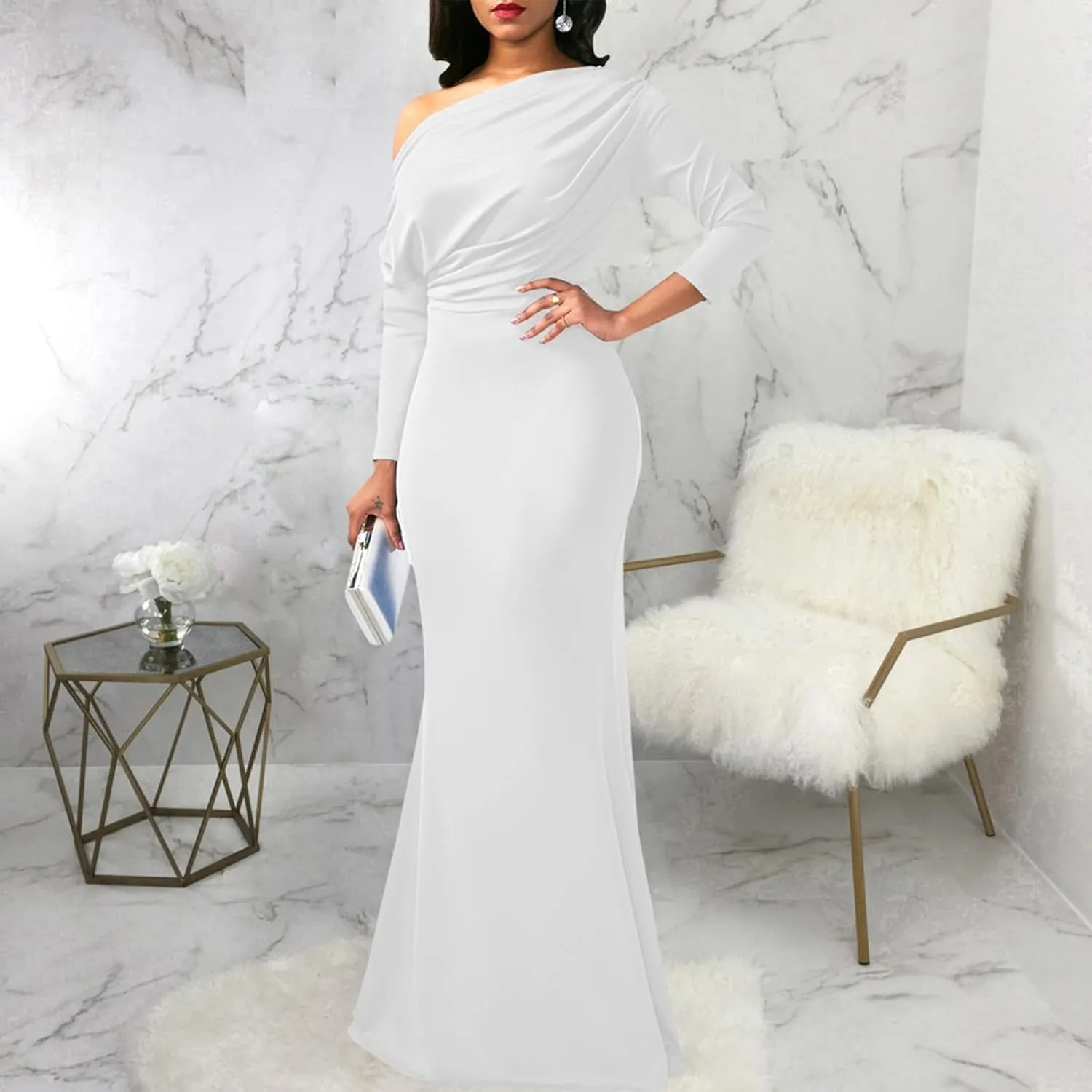 Women's Sexy Elegant Long Sleeve Off Shoulder Bodycon Long Evening Formal Dress