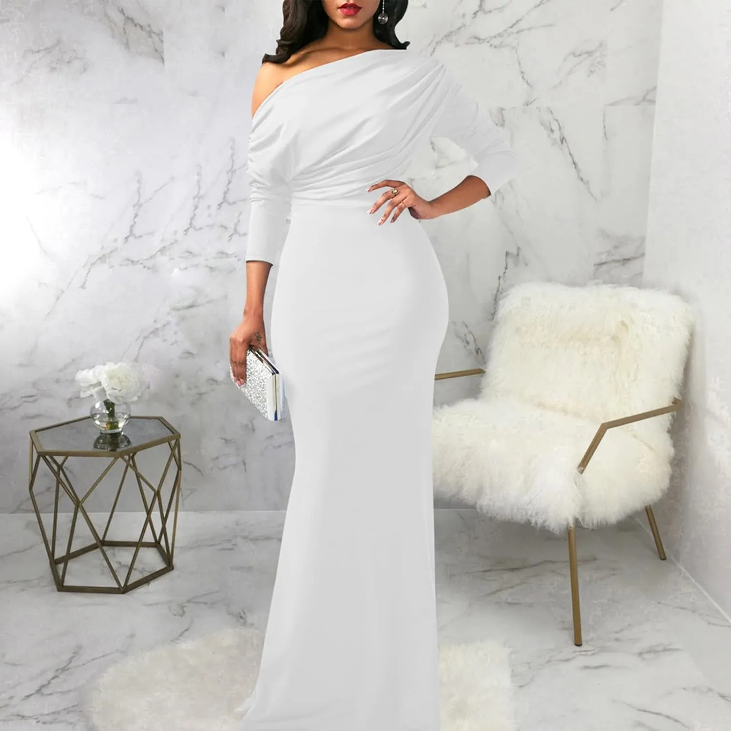 Women's Sexy Elegant Long Sleeve Off Shoulder Bodycon Long Evening Formal Dress