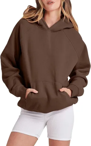 Womens Solid Basic Fleece Loose Hoodie Sweatshirt, Long Sleeve Pocket Drop Shoulder Pullover Top For Teen Girls