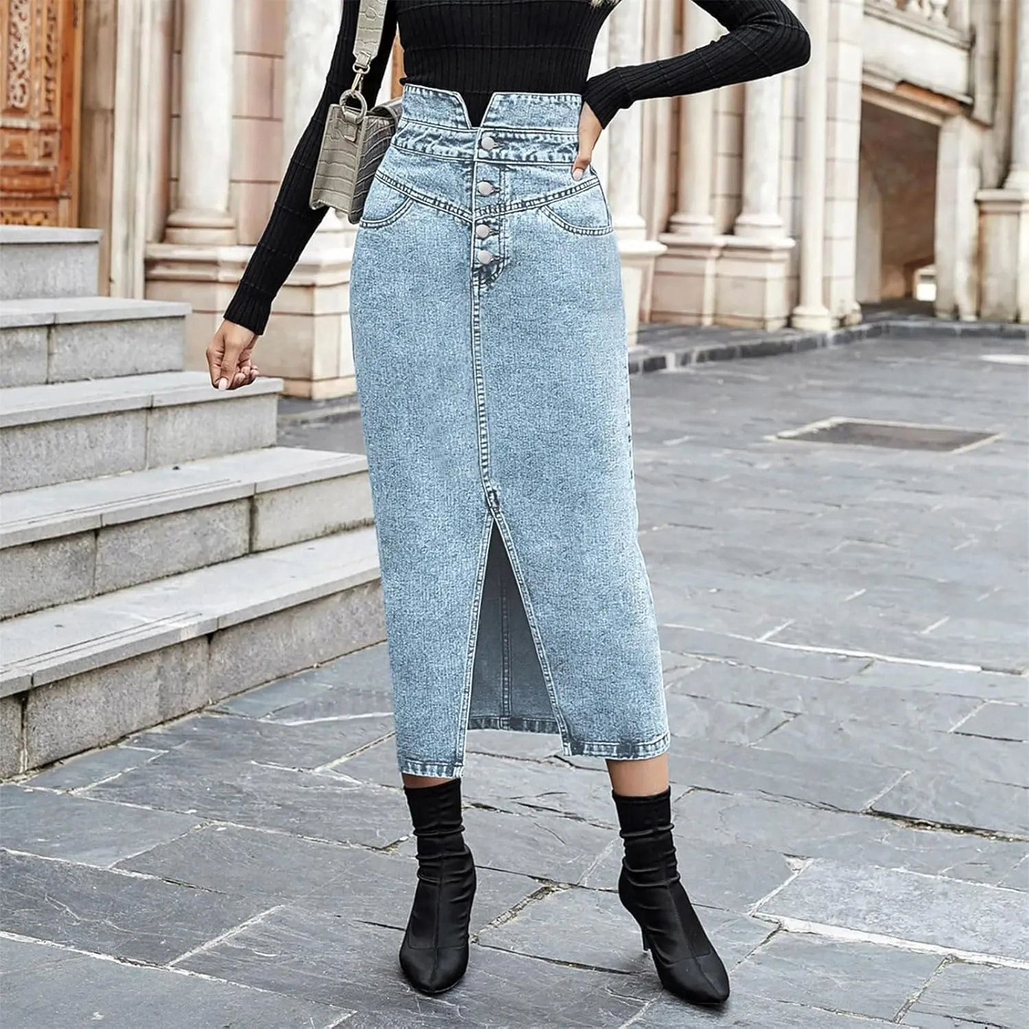 Women's Stretchy High Waist Mid Jean Skirts Button Front Slit Hem Slim Pencil Denim Skirts