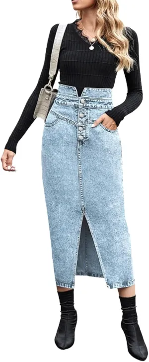 Women's Stretchy High Waist Mid Jean Skirts Button Front Slit Hem Slim Pencil Denim Skirts