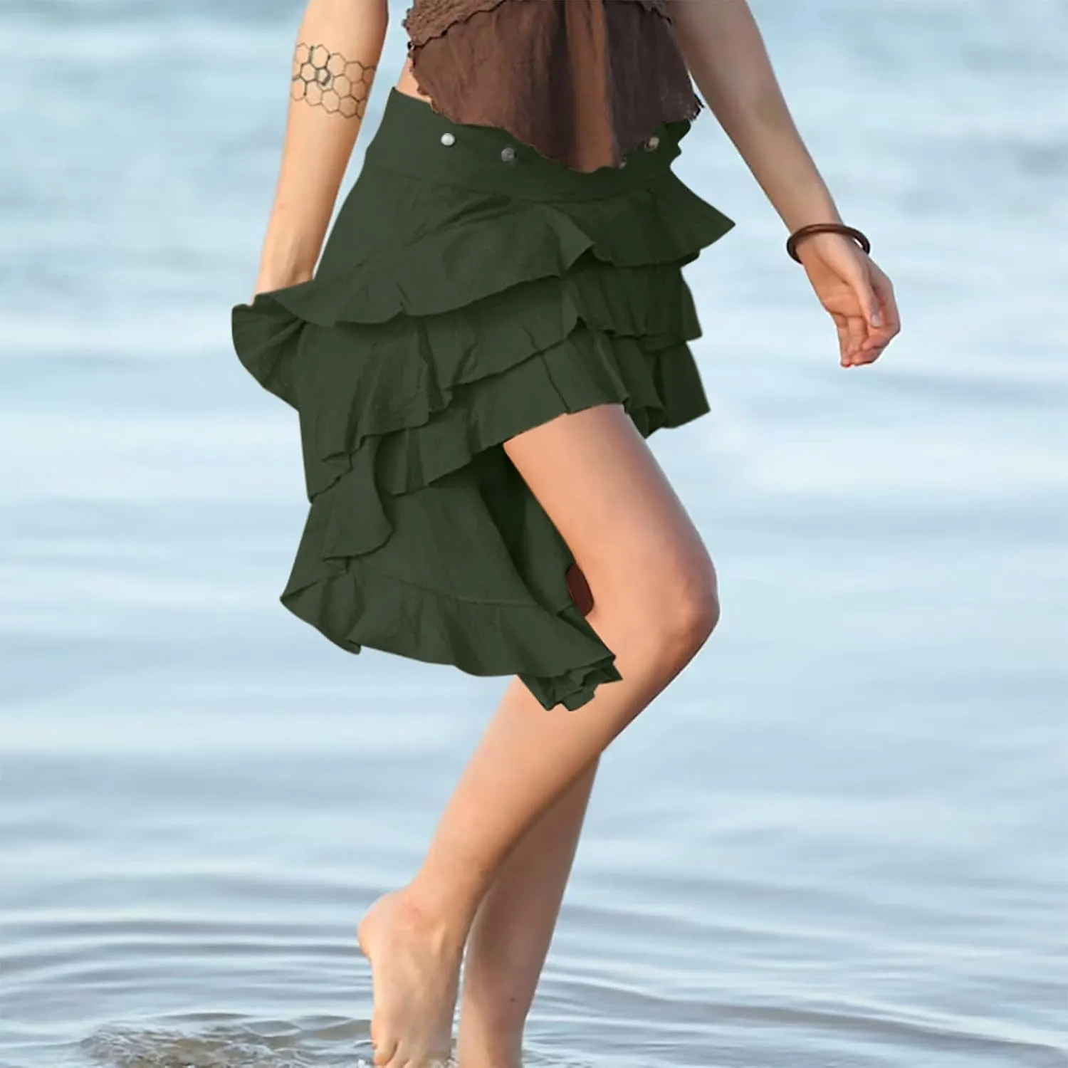 Womens Summer Beach Skirt Dressy Fashion Ruffle Pleated Layered Elastic High Waist Asymmetrical Hem Mini Skirts