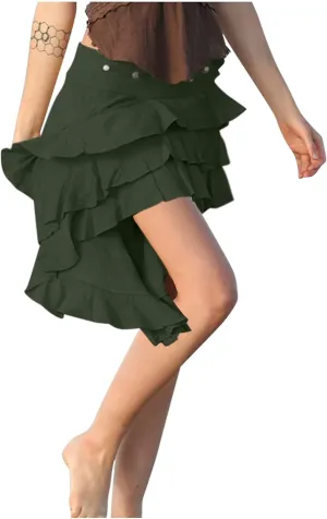 Womens Summer Beach Skirt Dressy Fashion Ruffle Pleated Layered Elastic High Waist Asymmetrical Hem Mini Skirts