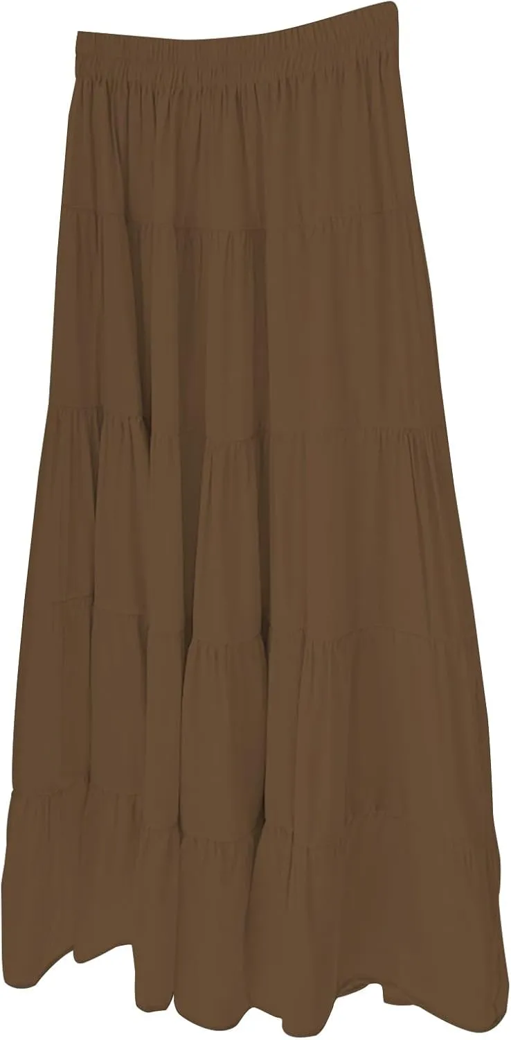 Womens Summer Boho Maxi Skirts Smocked High Wasited Flowy Tiered Ruffle A Line Long Beach Skirt Spring Fashion