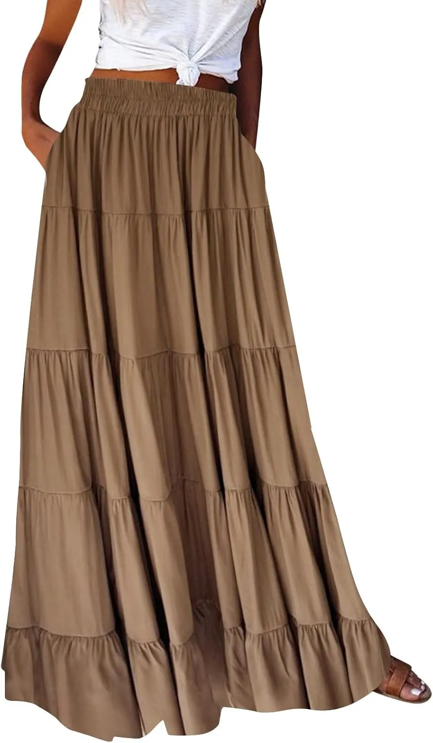 Womens Summer Boho Maxi Skirts Smocked High Wasited Flowy Tiered Ruffle A Line Long Beach Skirt Spring Fashion