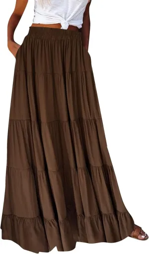 Womens Summer Boho Maxi Skirts Smocked High Wasited Flowy Tiered Ruffle A Line Long Beach Skirt Spring Fashion