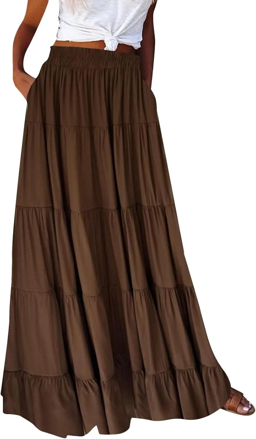 Womens Summer Boho Maxi Skirts Smocked High Wasited Flowy Tiered Ruffle A Line Long Beach Skirt Spring Fashion