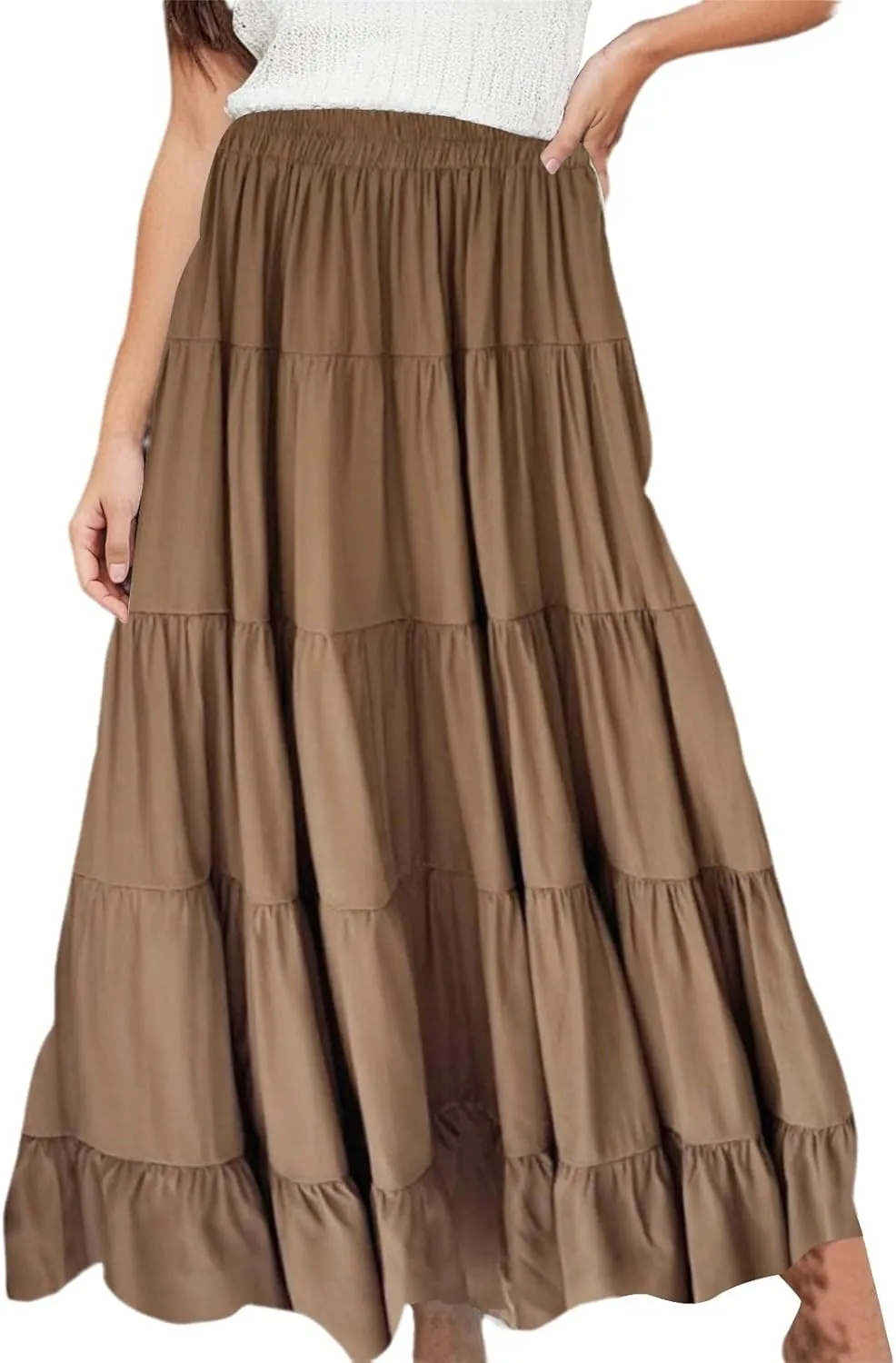 Womens Summer Boho Maxi Skirts Smocked High Wasited Flowy Tiered Ruffle A Line Long Beach Skirt Spring Fashion