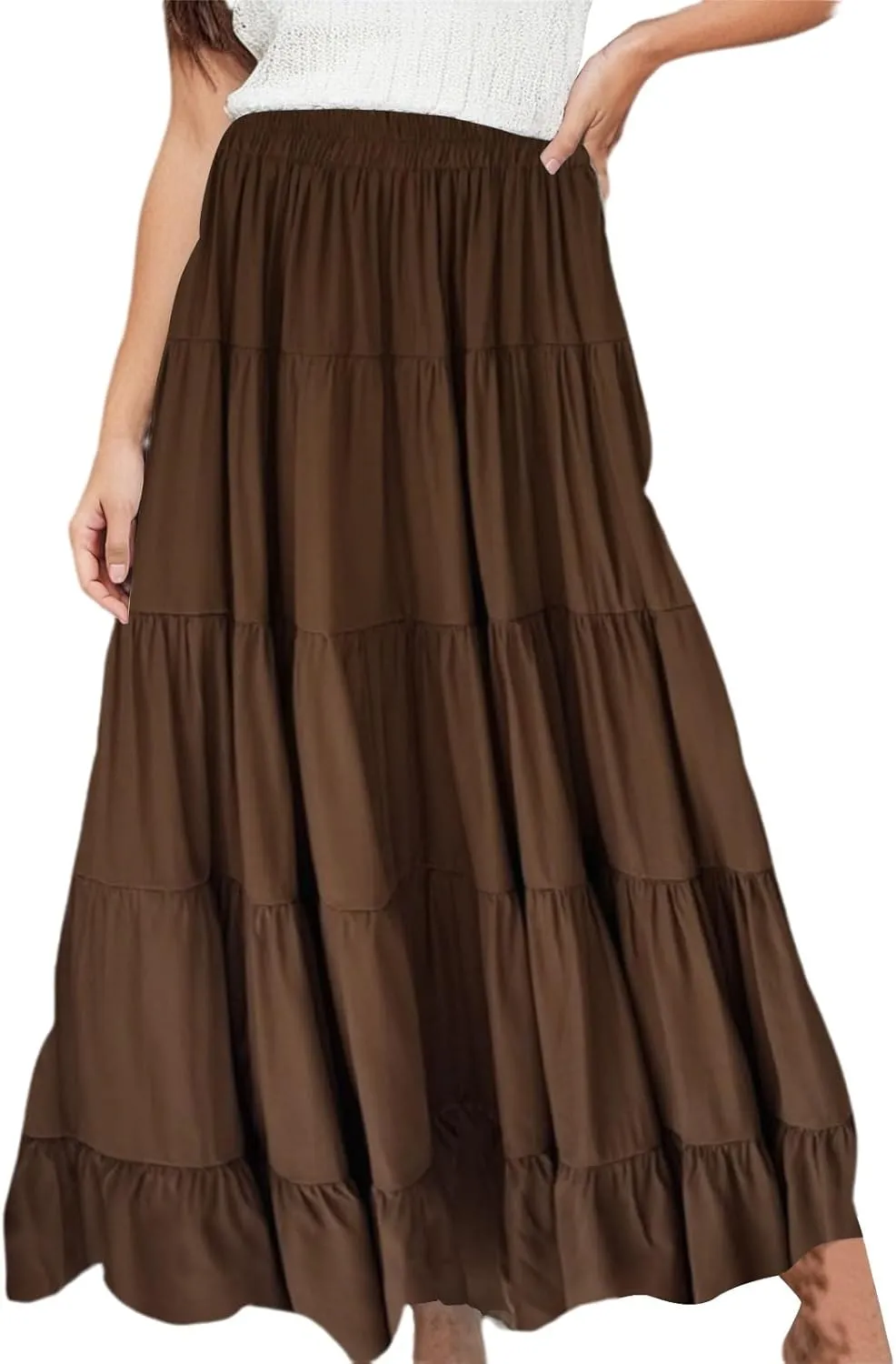 Womens Summer Boho Maxi Skirts Smocked High Wasited Flowy Tiered Ruffle A Line Long Beach Skirt Spring Fashion
