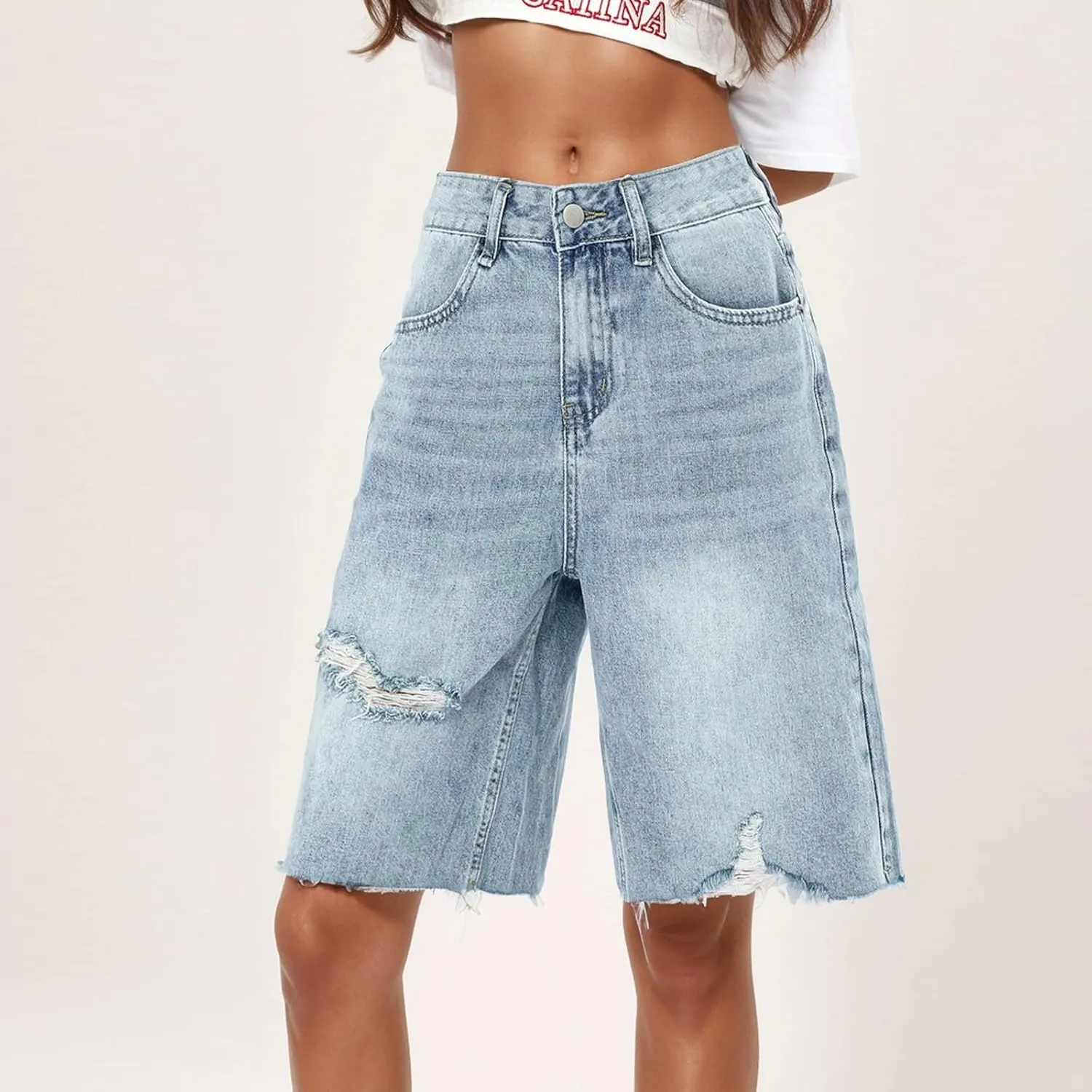 Womens Summer Casual Bermuda Denim Shorts High Waisted Loose Fit Jean Short Stretchy Ripped Cuffed Hem Shorts