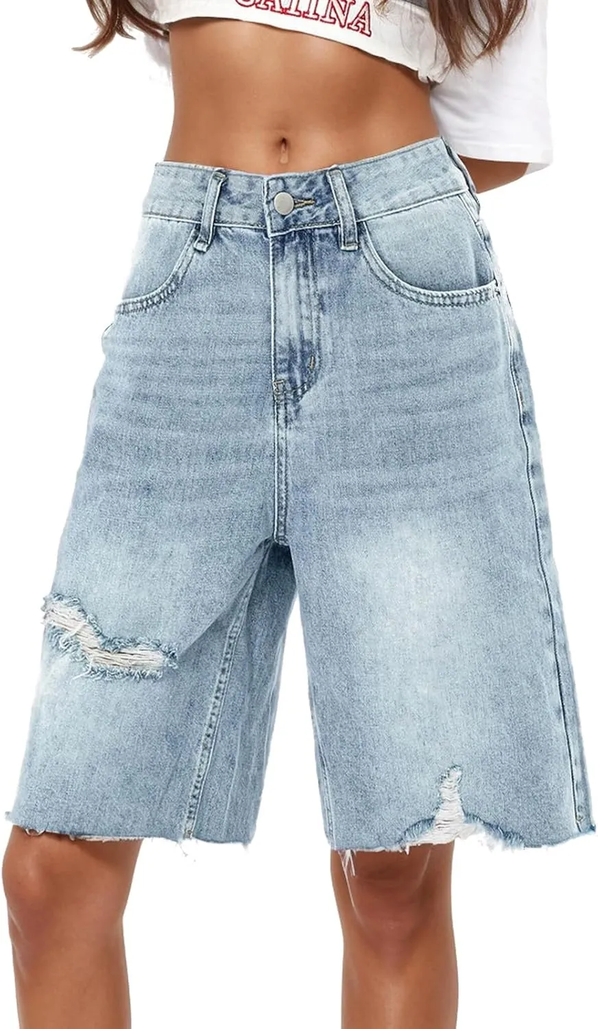 Womens Summer Casual Bermuda Denim Shorts High Waisted Loose Fit Jean Short Stretchy Ripped Cuffed Hem Shorts