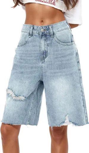 Womens Summer Casual Bermuda Denim Shorts High Waisted Loose Fit Jean Short Stretchy Ripped Cuffed Hem Shorts