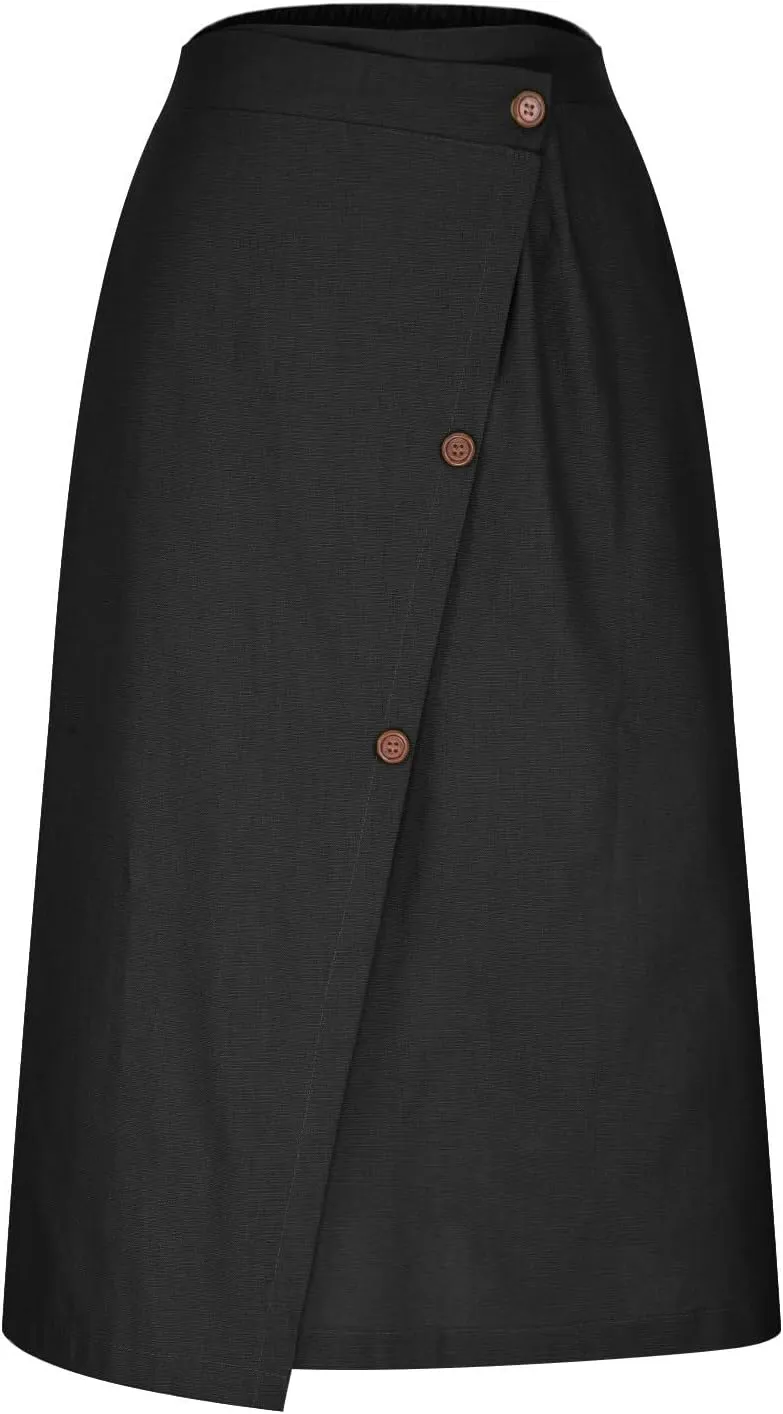 Women's Summer Cotton Linen Button Front Elastic High Waist Swing A Line Midi Skirt Casual Comfy Solid Long Skirts