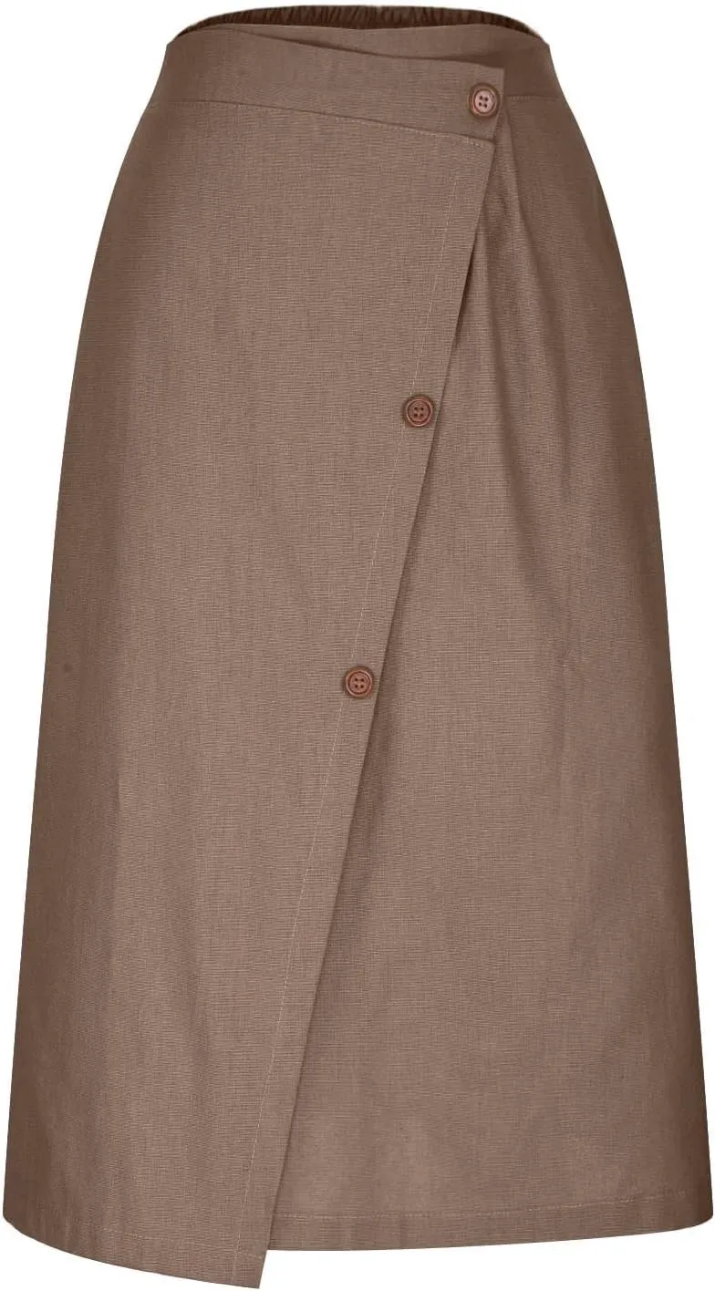 Women's Summer Cotton Linen Button Front Elastic High Waist Swing A Line Midi Skirt Casual Comfy Solid Long Skirts