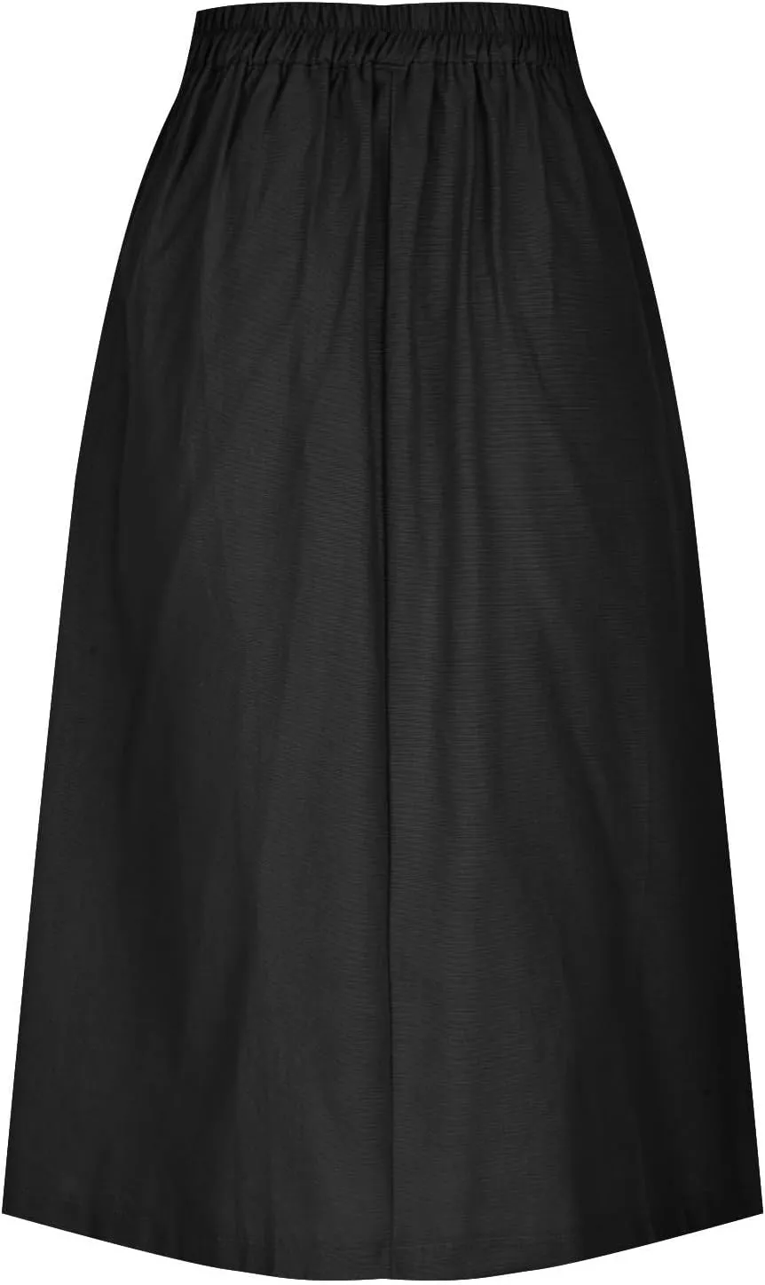 Women's Summer Cotton Linen Button Front Elastic High Waist Swing A Line Midi Skirt Casual Comfy Solid Long Skirts