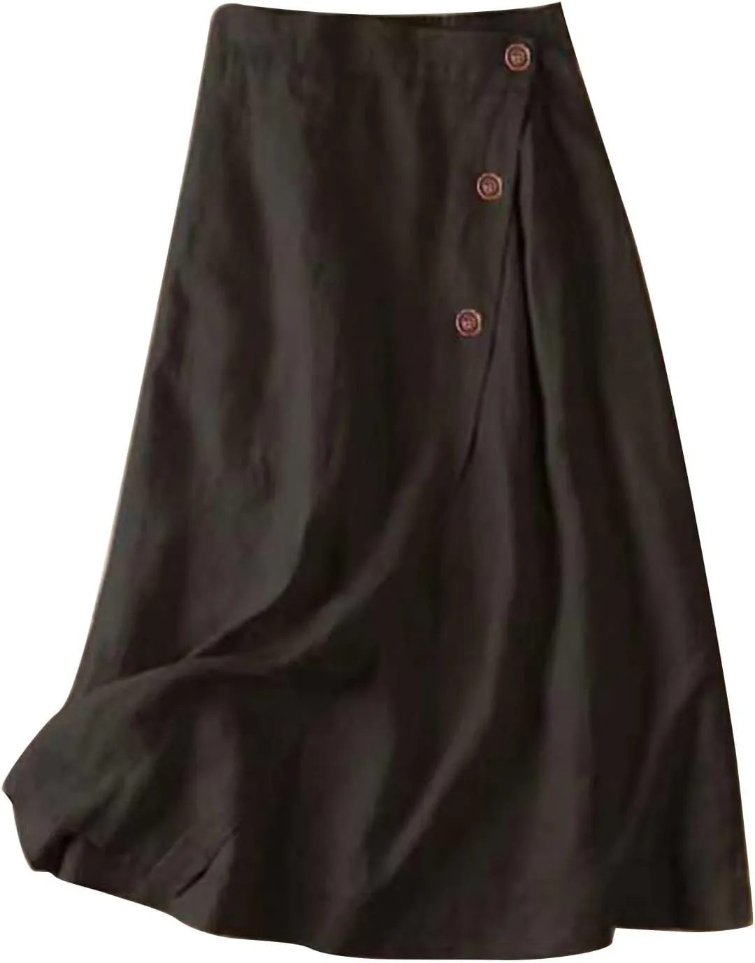 Women's Summer Cotton Linen Button Front Elastic High Waist Swing A Line Midi Skirt Casual Comfy Solid Long Skirts