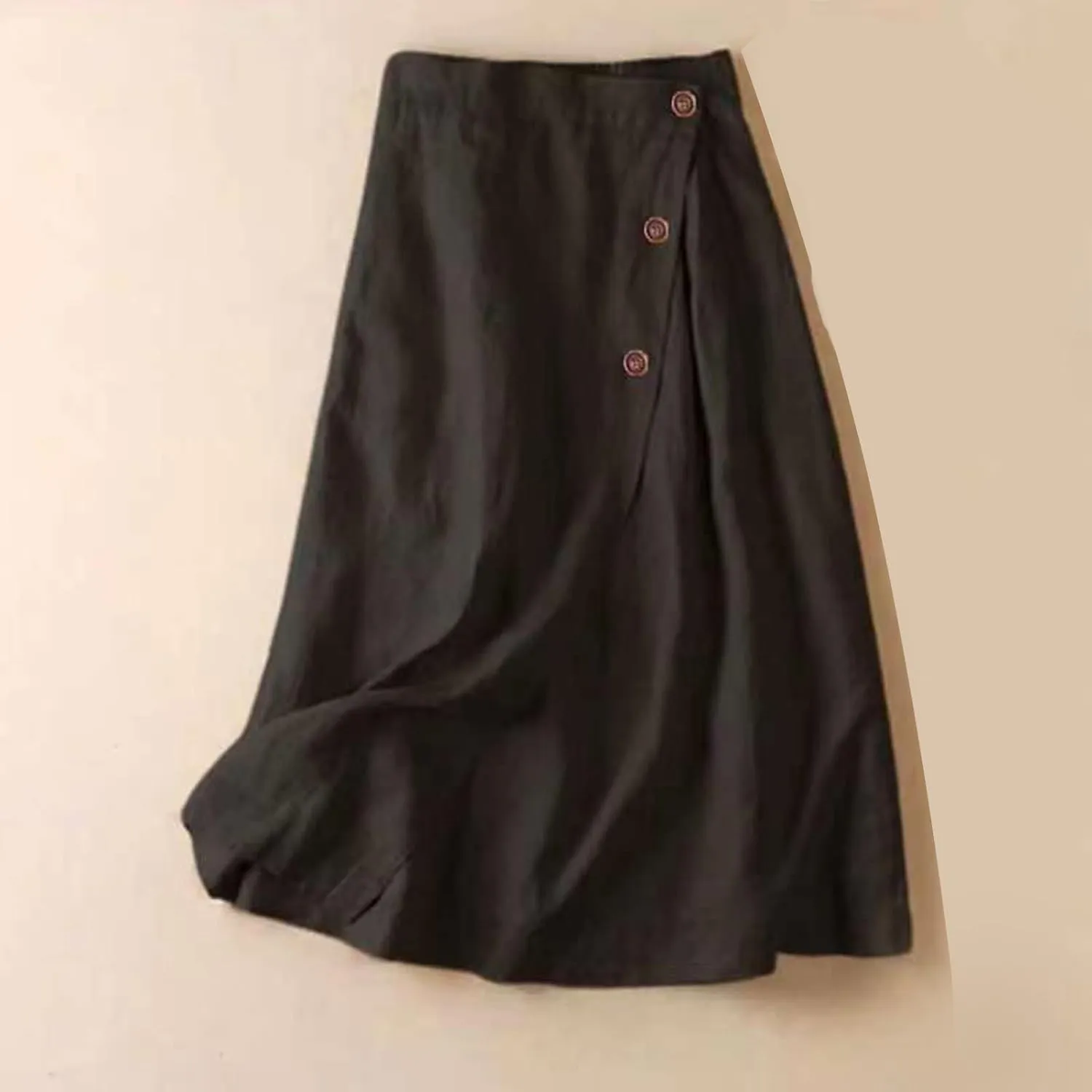 Women's Summer Cotton Linen Button Front Elastic High Waist Swing A Line Midi Skirt Casual Comfy Solid Long Skirts