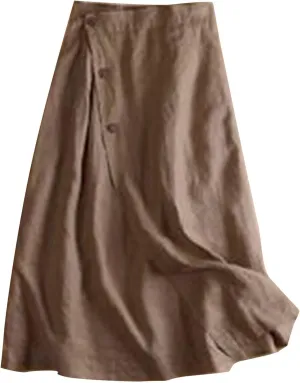 Women's Summer Cotton Linen Button Front Elastic High Waist Swing A Line Midi Skirt Casual Comfy Solid Long Skirts