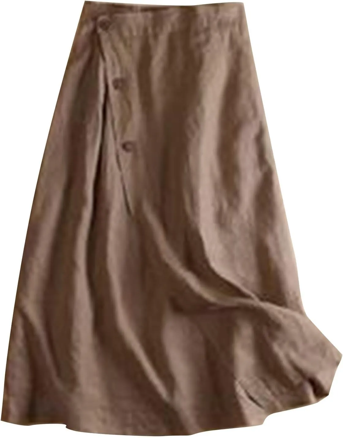 Women's Summer Cotton Linen Button Front Elastic High Waist Swing A Line Midi Skirt Casual Comfy Solid Long Skirts