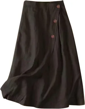 Women's Summer Cotton Linen Button Front Elastic High Waist Swing A Line Midi Skirt Casual Comfy Solid Long Skirts
