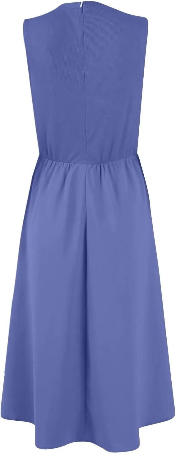 Womens Summer Dresses Casual Sundresses High Waist Midi Dresses Tank Sleeveless Wrap Dress A Line Dress with Pockets