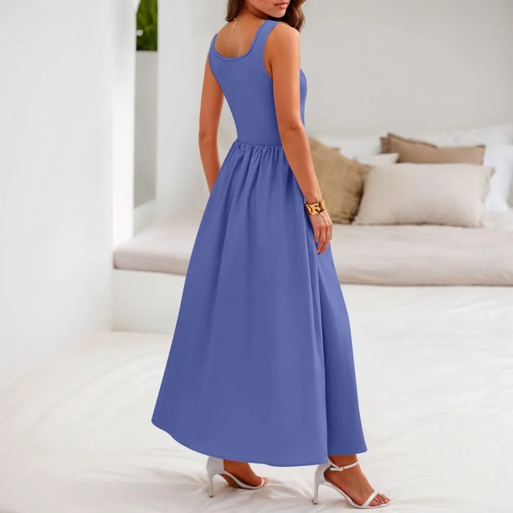 Womens Summer Dresses Casual Sundresses High Waist Midi Dresses Tank Sleeveless Wrap Dress A Line Dress with Pockets