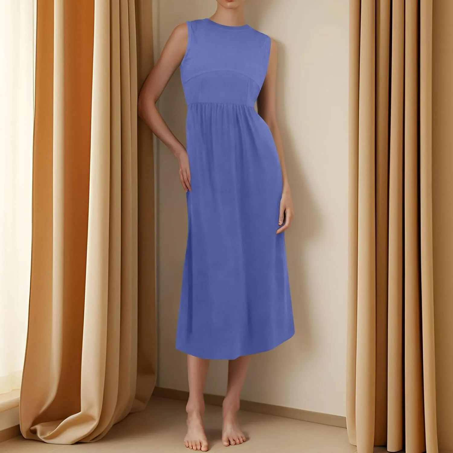Womens Summer Dresses Casual Sundresses High Waist Midi Dresses Tank Sleeveless Wrap Dress A Line Dress with Pockets