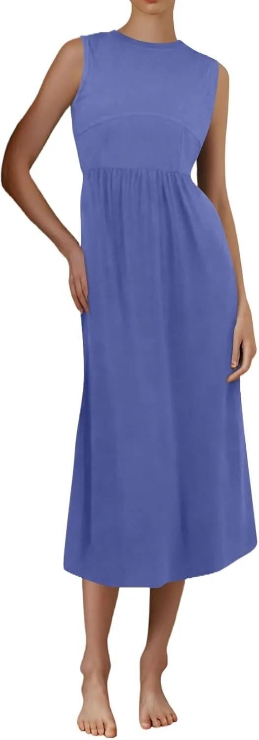 Womens Summer Dresses Casual Sundresses High Waist Midi Dresses Tank Sleeveless Wrap Dress A Line Dress with Pockets
