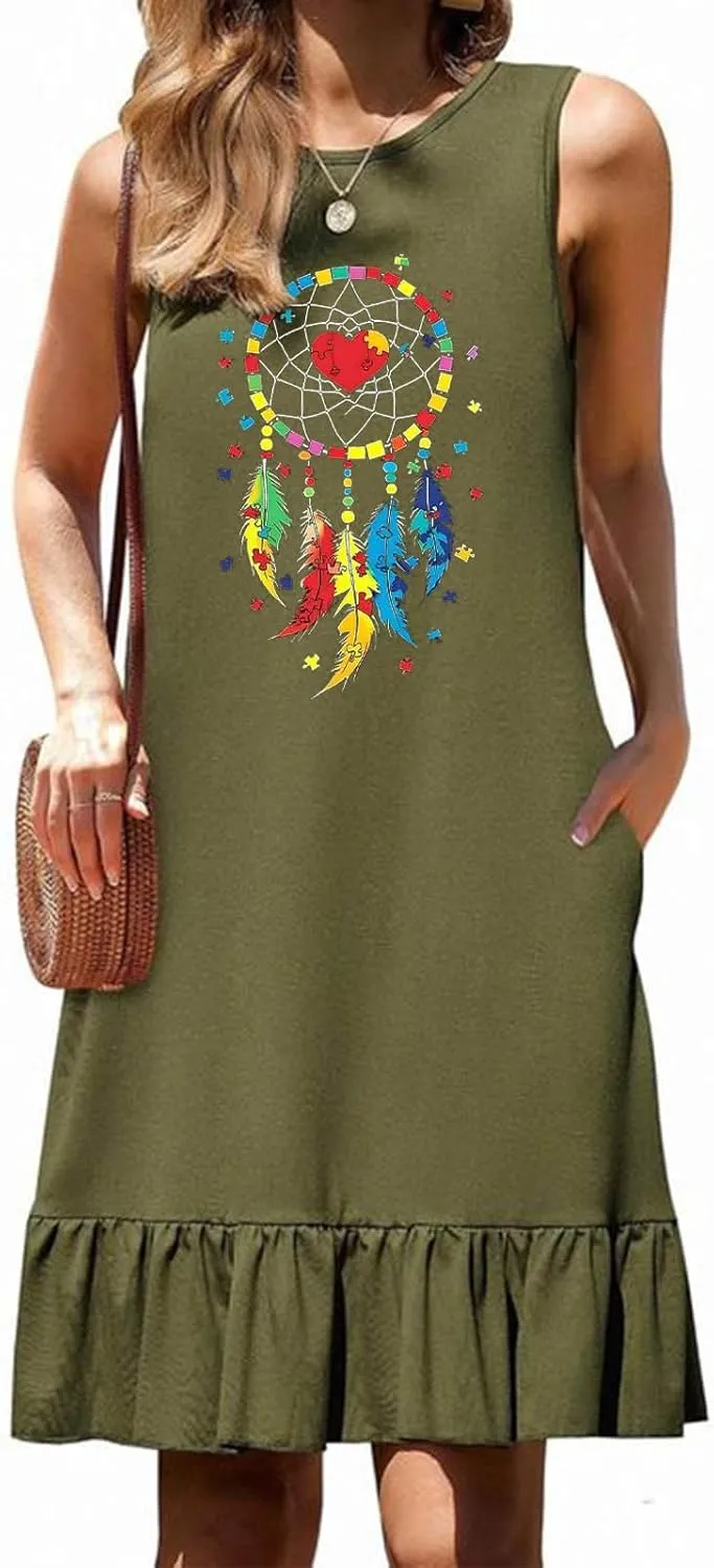 Womens Summer Dresses Floral Printed Sleeveless Shirt Dress Loose Fit Casual Dress Flowy Shift Dress