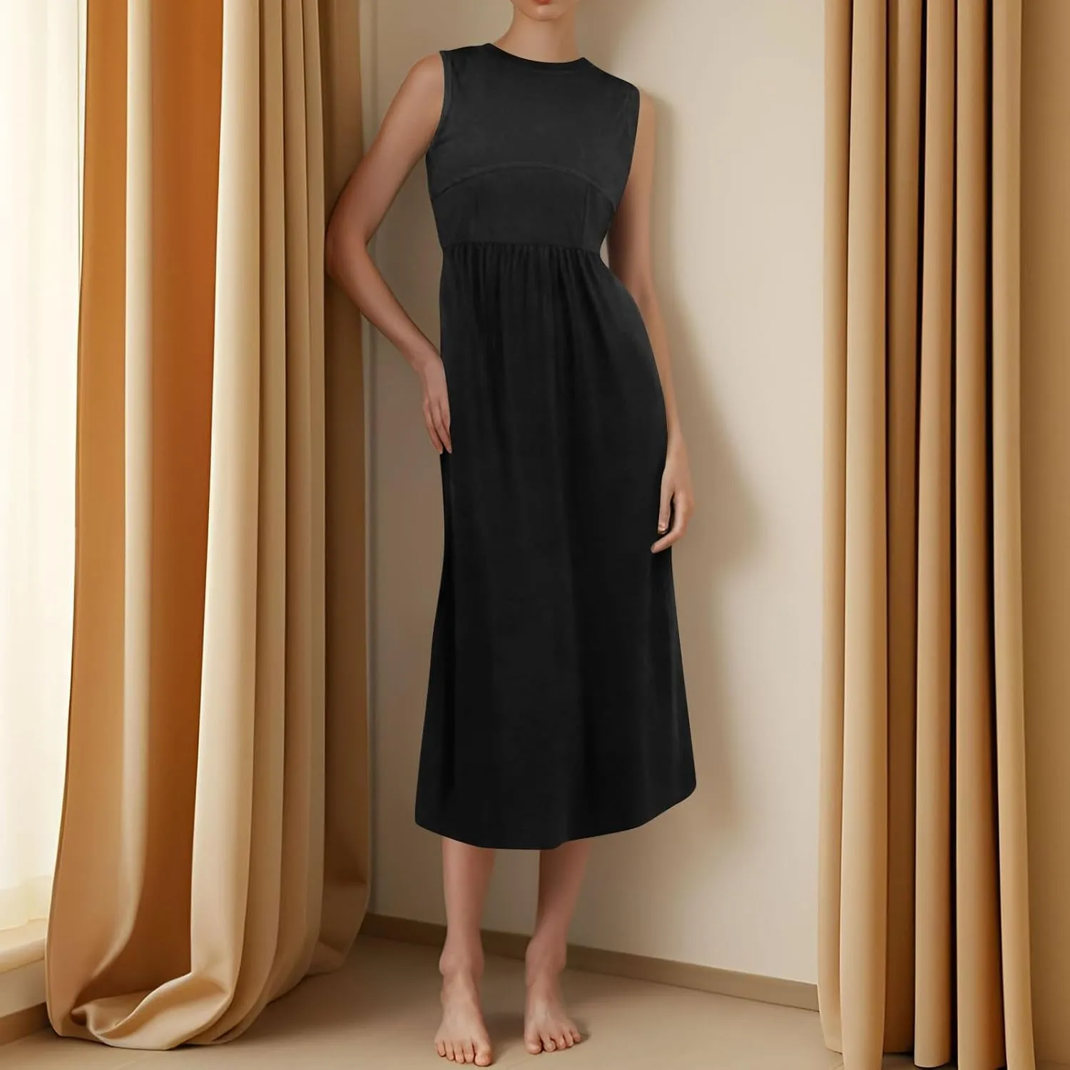 Women's Summer Dresses Sundresses Empire Waist Dresses Tank Dress Sleeveless Wrap Dress Ruched with Pockets