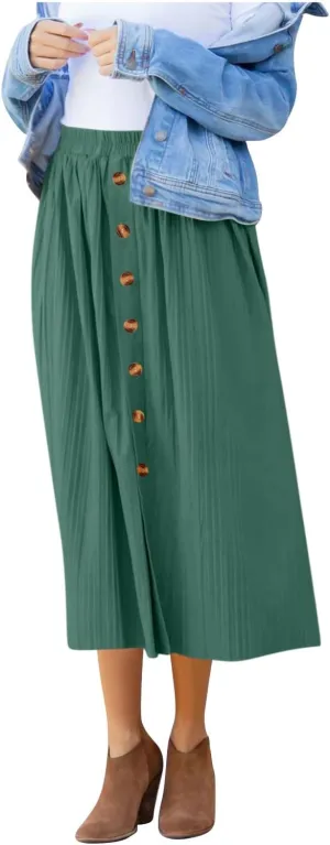 Womens Summer Midi Skirts Elastic Wasited Casual Skirts Button Front Pleated Skirt A-Line Flowy Skrits for Vacation