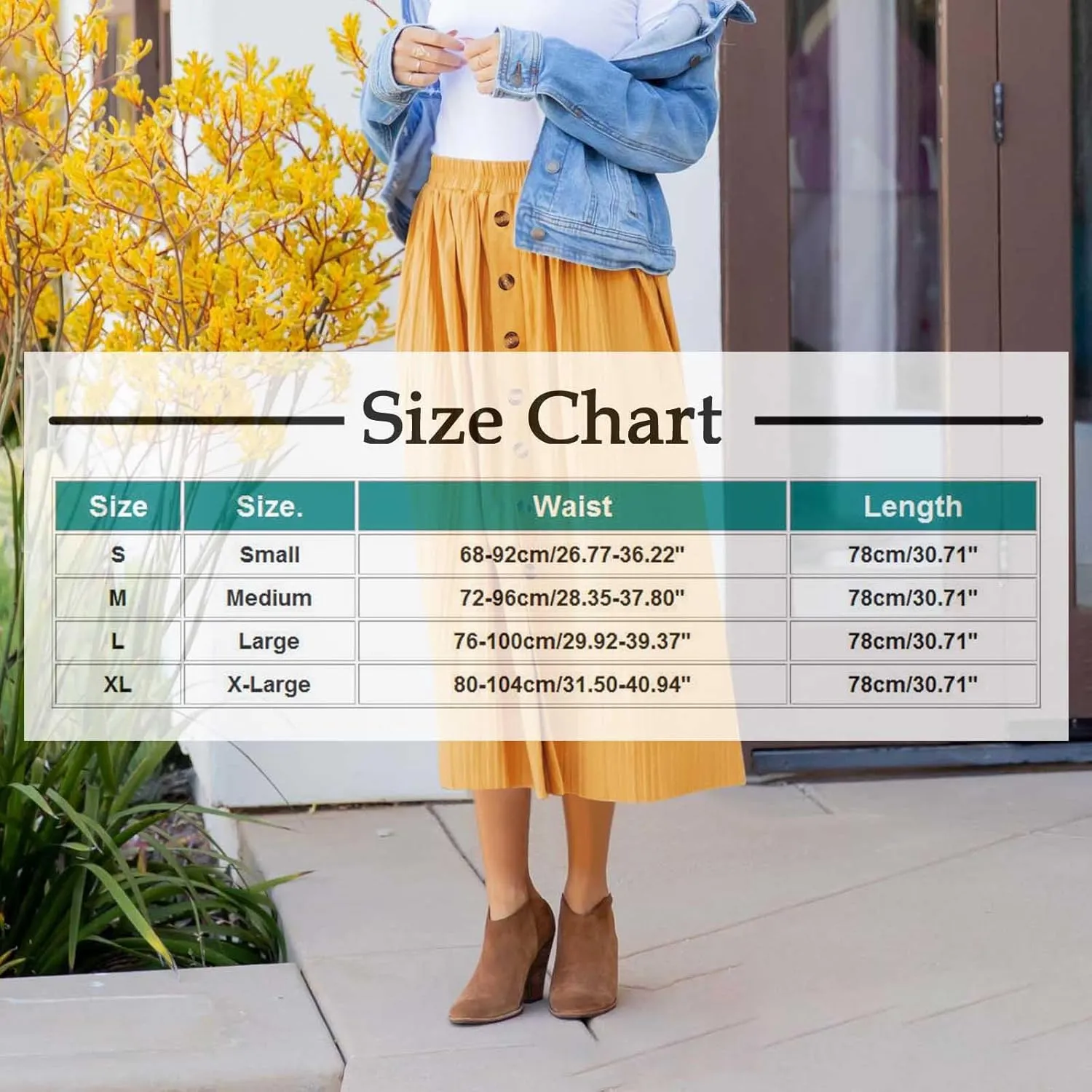 Womens Summer Midi Skirts Elastic Wasited Casual Skirts Button Front Pleated Skirt A-Line Flowy Skrits for Vacation
