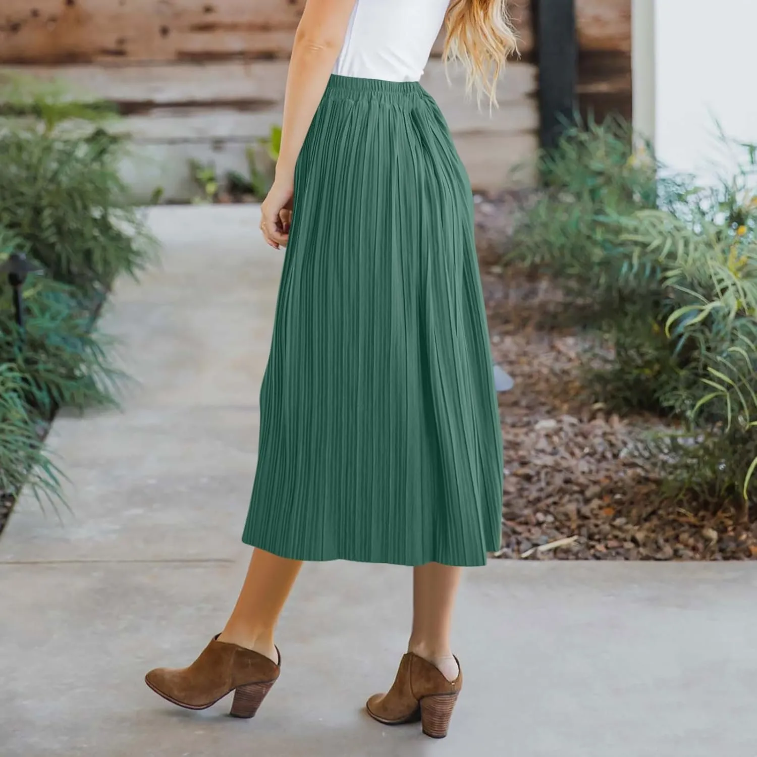 Womens Summer Midi Skirts Elastic Wasited Casual Skirts Button Front Pleated Skirt A-Line Flowy Skrits for Vacation