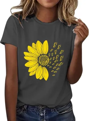 Women's Summer Sunflower T Shirt Cute Flower Graphic Loose Tees Crew Neck Short Sleeve Casual Tops
