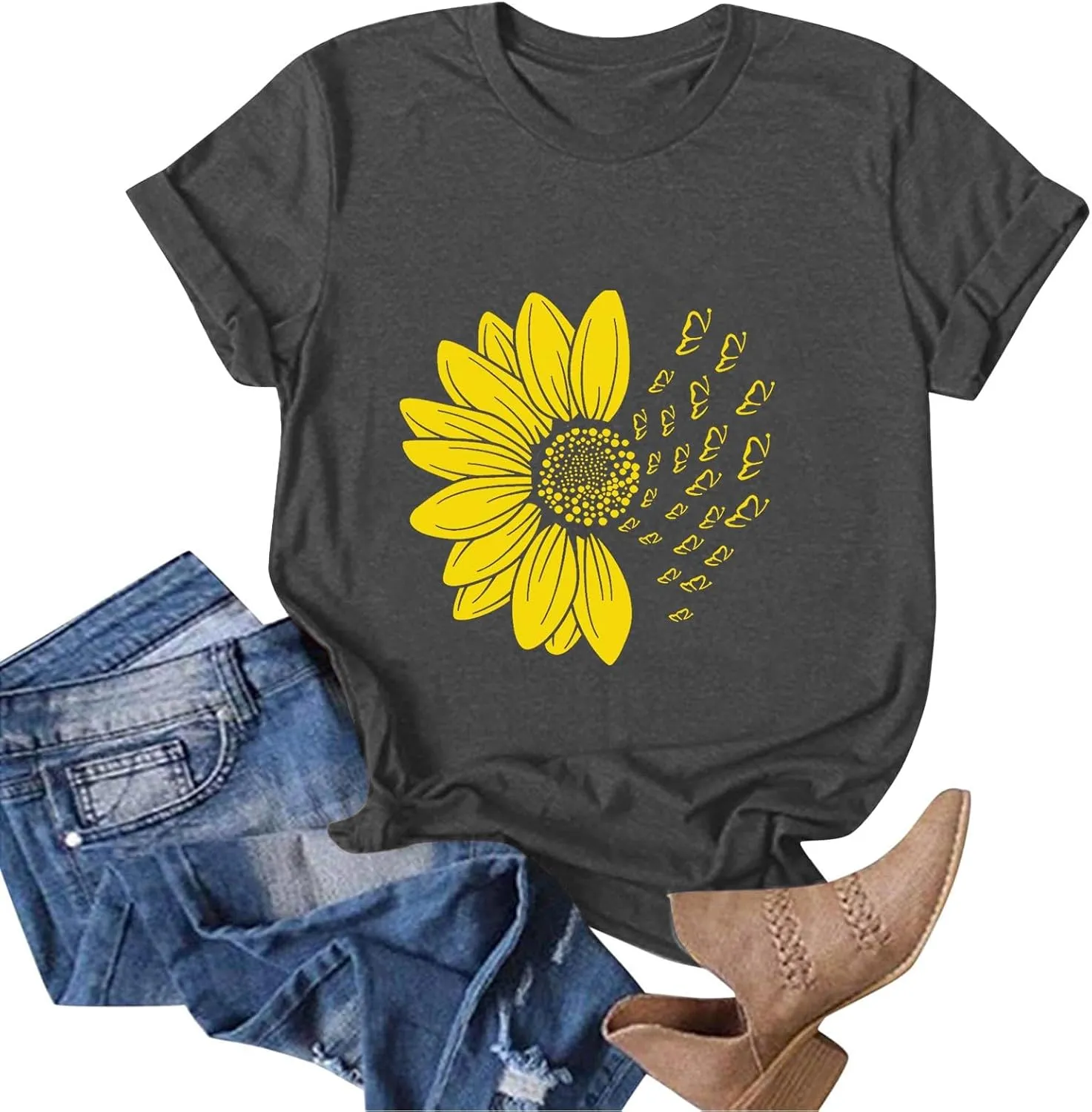 Women's Summer Sunflower T Shirt Cute Flower Graphic Loose Tees Crew Neck Short Sleeve Casual Tops