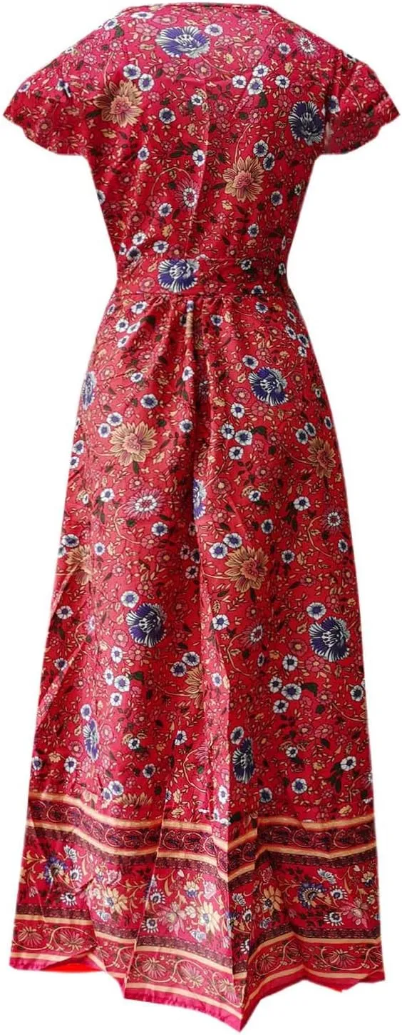 Women's Summer Wrap Maxi Dress Casual Boho Floral V Neck Short Sleeve Ruffle Hem Split Vacation Sexy Long Dress