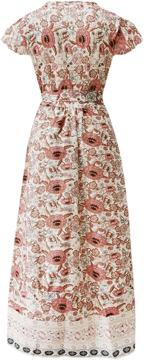 Women's Summer Wrap Maxi Dress Casual Boho Floral V Neck Short Sleeve Ruffle Hem Split Vacation Sexy Long Dress