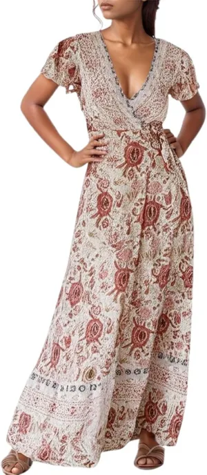 Women's Summer Wrap Maxi Dress Casual Boho Floral V Neck Short Sleeve Ruffle Hem Split Vacation Sexy Long Dress