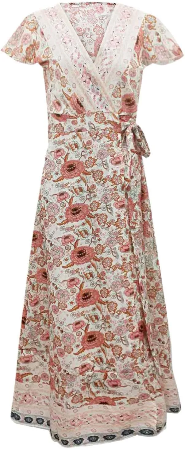 Women's Summer Wrap Maxi Dress Casual Boho Floral V Neck Short Sleeve Ruffle Hem Split Vacation Sexy Long Dress