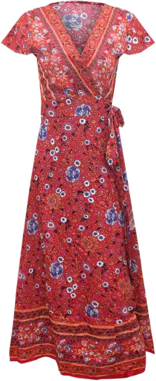Women's Summer Wrap Maxi Dress Casual Boho Floral V Neck Short Sleeve Ruffle Hem Split Vacation Sexy Long Dress