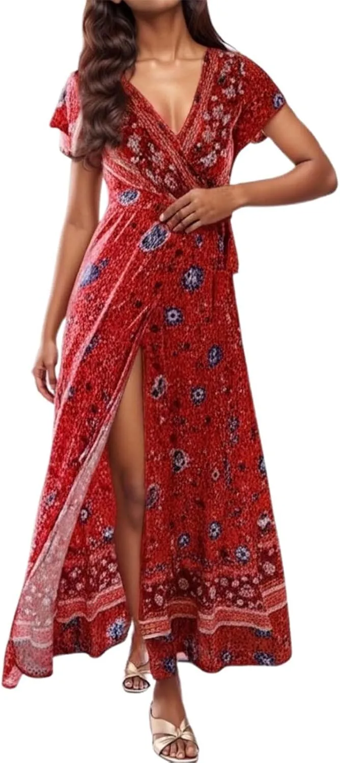 Women's Summer Wrap Maxi Dress Casual Boho Floral V Neck Short Sleeve Ruffle Hem Split Vacation Sexy Long Dress